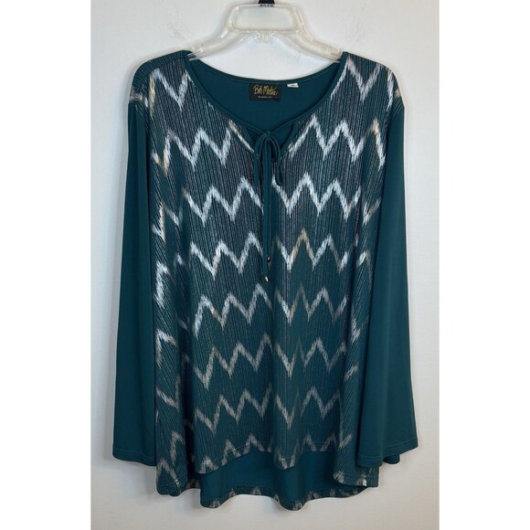 BOB MACKIE Chevron Hi-Low Knit Top Women 2X Green Tie Neck Metallic Party Blouse - Picture 2 of 12